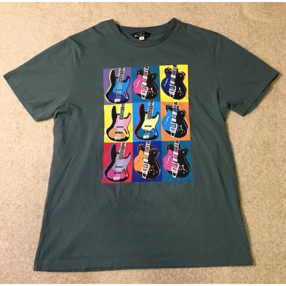 Ben Sherman Andy Warhol Neon Guitar Print Green Teal Short Sleeve T-Shirt Size M